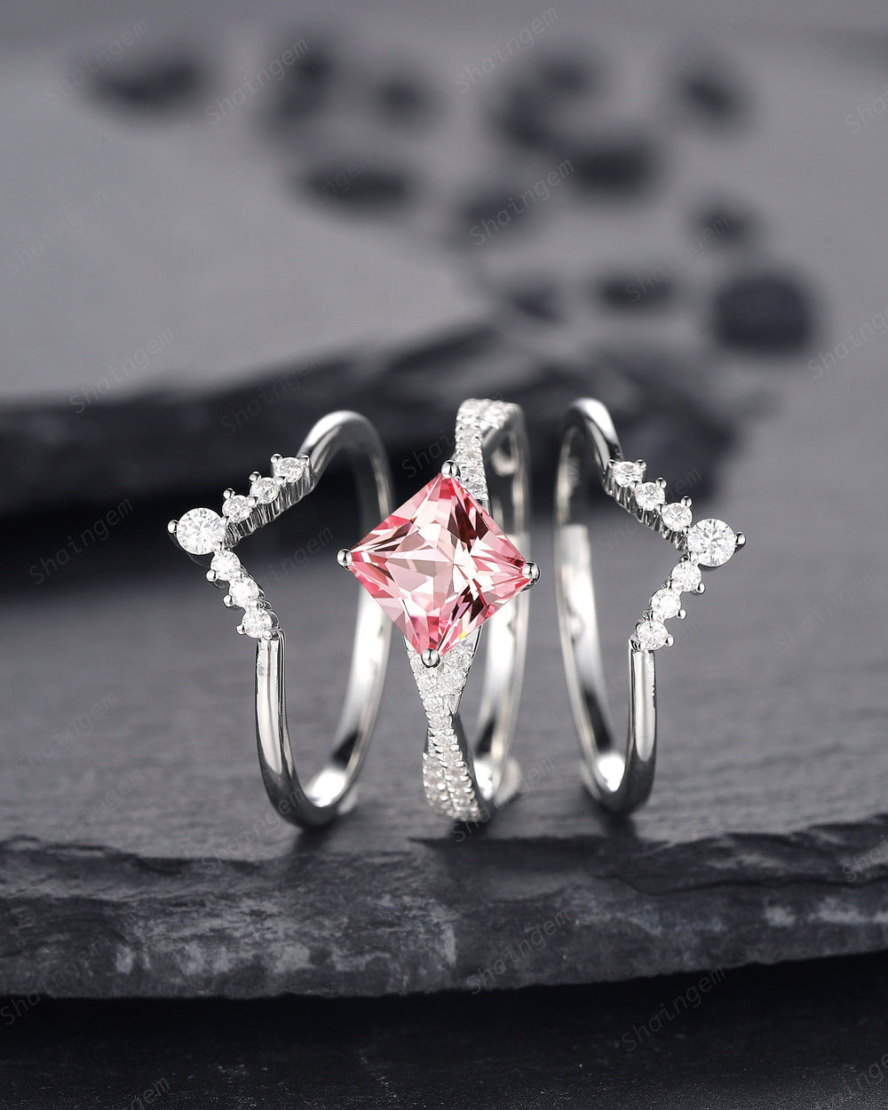 3PCS Princess Cut Padparadscha Pink Sapphire Engagement Ring Set, Sapphire Wedding Set, 14K White Gold Promise Ring Gift Vintage Bridal Set - ShainJewelry