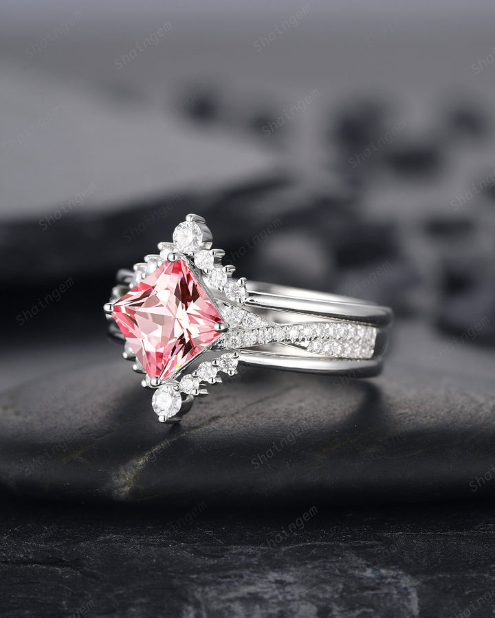 3PCS Princess Cut Padparadscha Pink Sapphire Engagement Ring Set, Sapphire Wedding Set, 14K White Gold Promise Ring Gift Vintage Bridal Set - ShainJewelry
