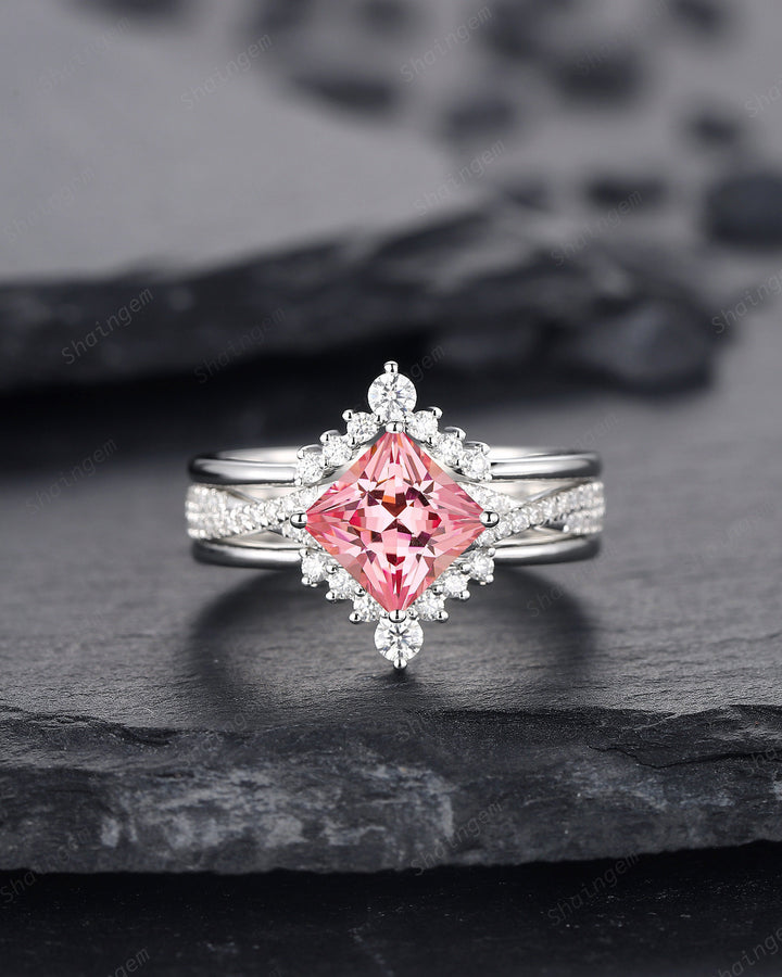 3PCS Princess Cut Padparadscha Pink Sapphire Engagement Ring Set, Sapphire Wedding Set, 14K White Gold Promise Ring Gift Vintage Bridal Set - ShainJewelry