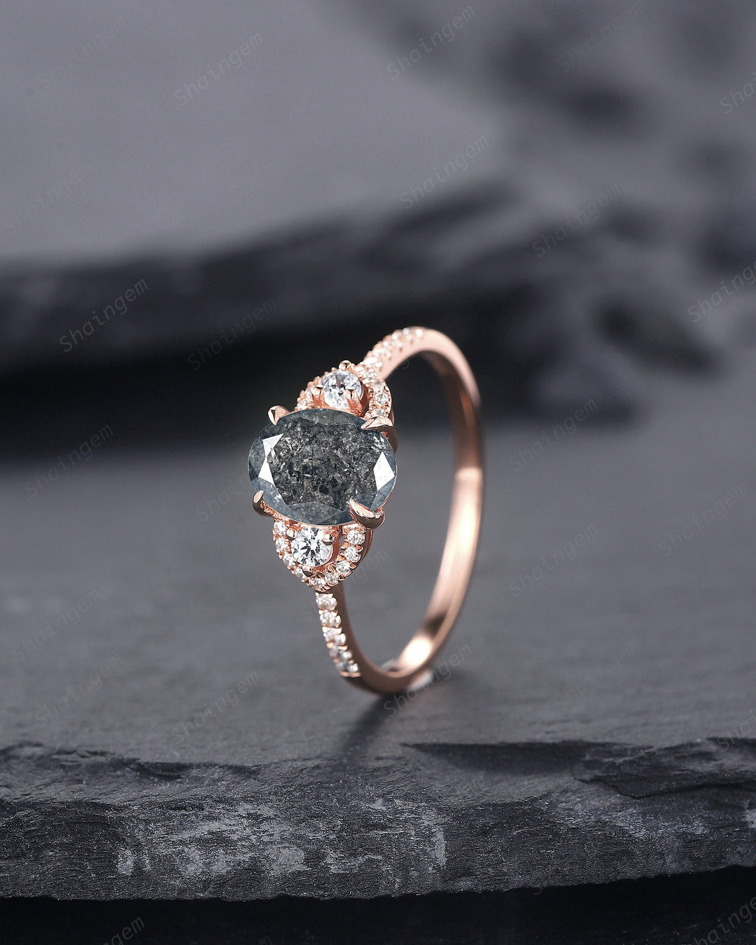 Oval Salt and Pepper Diamond Engagement Ring, Unique 14K Rose Gold Natural Diamond Promise Ring, Gray Diamond Wedding Ring Anniversay Gift - ShainJewelry