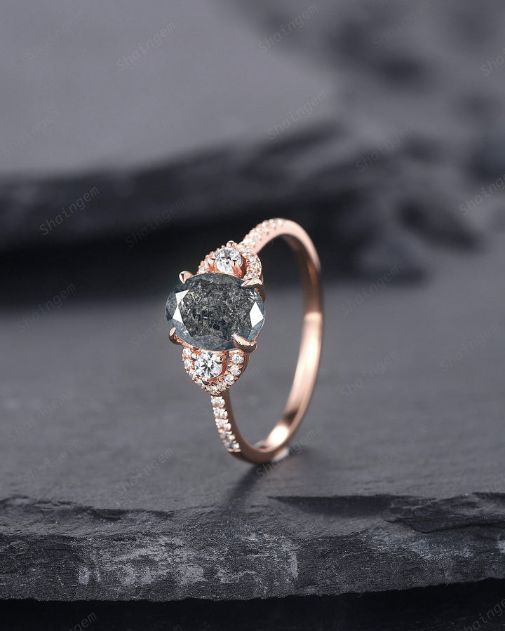 Oval Salt and Pepper Diamond Engagement Ring, Unique 14K Rose Gold Natural Diamond Promise Ring, Gray Diamond Wedding Ring Anniversay Gift - ShainJewelry