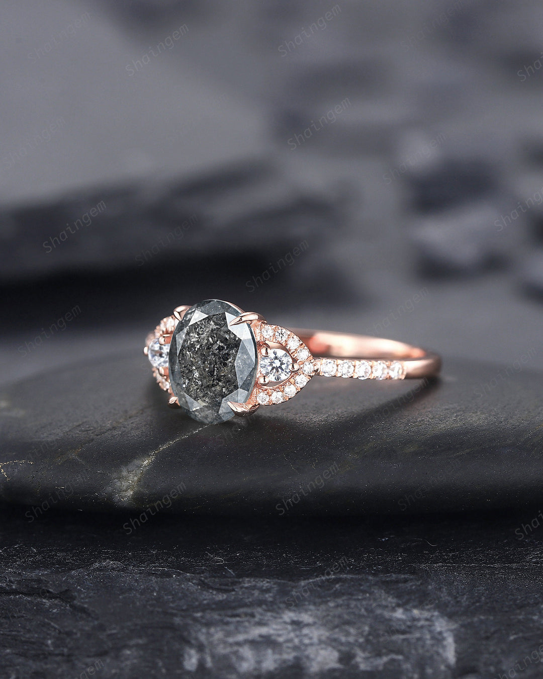 Oval Salt and Pepper Diamond Engagement Ring, Unique 14K Rose Gold Natural Diamond Promise Ring, Gray Diamond Wedding Ring Anniversay Gift - ShainJewelry
