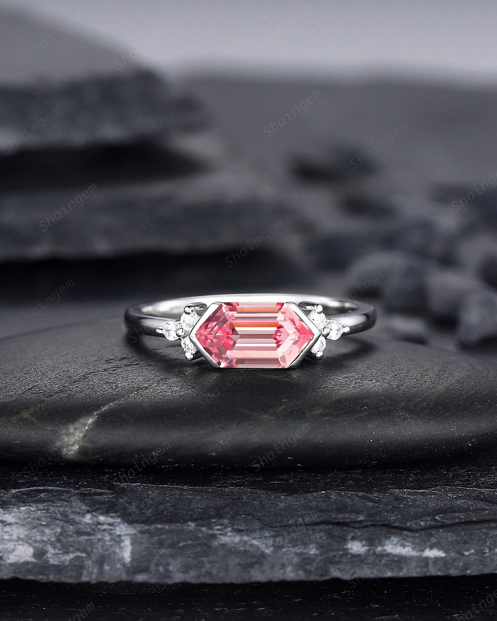Platinum Long Hexagon Padparadscha Pink Sapphire Engagement Ring, White Gold Cluster Wedding Ring, Art Deco Promise Ring Gift For Women - ShainJewelry