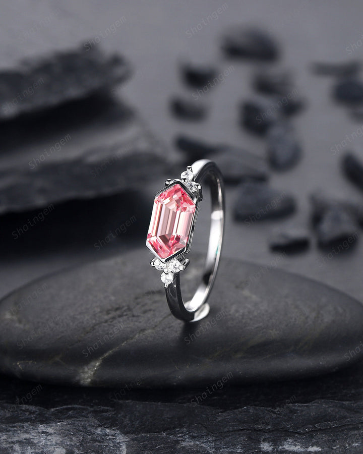 Platinum Long Hexagon Padparadscha Pink Sapphire Engagement Ring, White Gold Cluster Wedding Ring, Art Deco Promise Ring Gift For Women - ShainJewelry