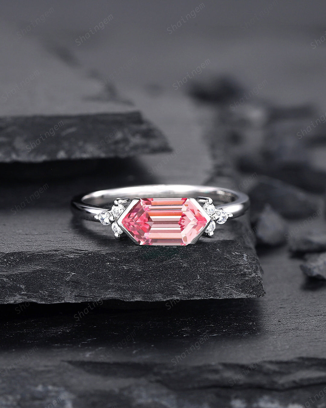 Platinum Long Hexagon Padparadscha Pink Sapphire Engagement Ring, White Gold Cluster Wedding Ring, Art Deco Promise Ring Gift For Women - ShainJewelry