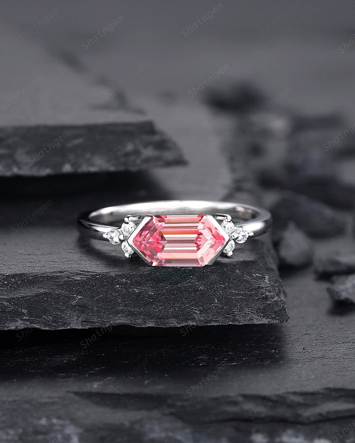 Platinum Long Hexagon Padparadscha Pink Sapphire Engagement Ring, White Gold Cluster Wedding Ring, Art Deco Promise Ring Gift For Women - ShainJewelry