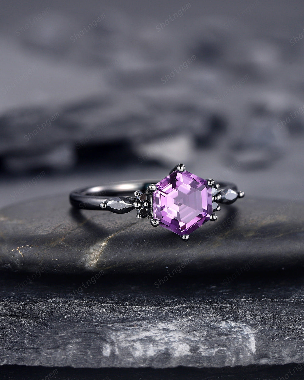 Vintage Hexagon Cut Amethyst Engagement Ring, Rhodium Black Amethyst Promise Ring, Witchy Black Ring, Gothic Wedding Ring Anniversary Gift - ShainJewelry