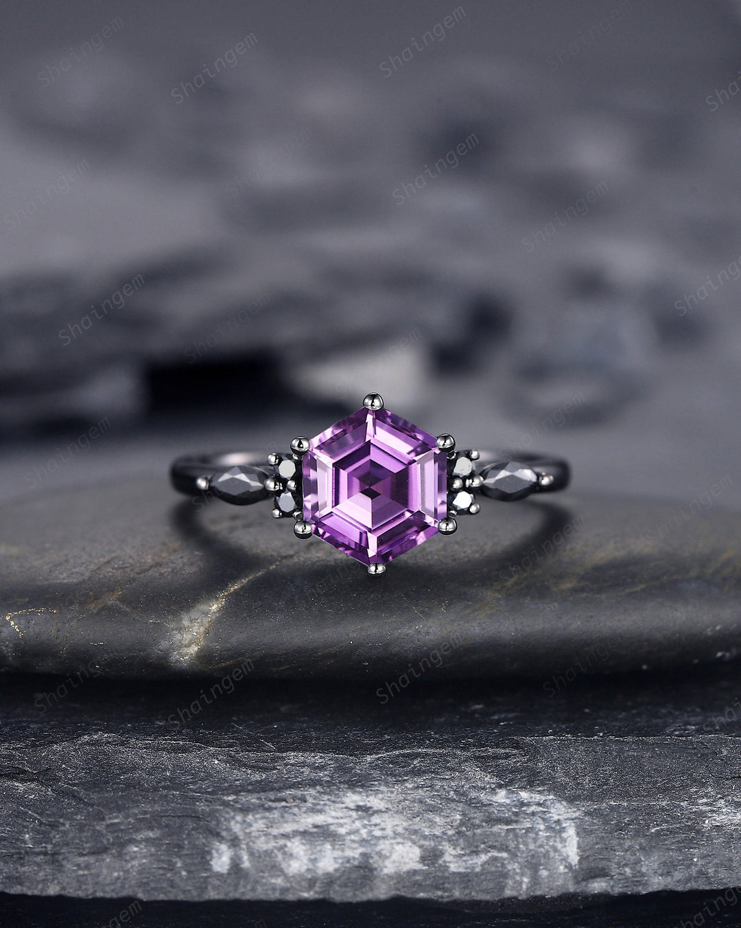 Vintage Hexagon Cut Amethyst Engagement Ring, Rhodium Black Amethyst Promise Ring, Witchy Black Ring, Gothic Wedding Ring Anniversary Gift - ShainJewelry