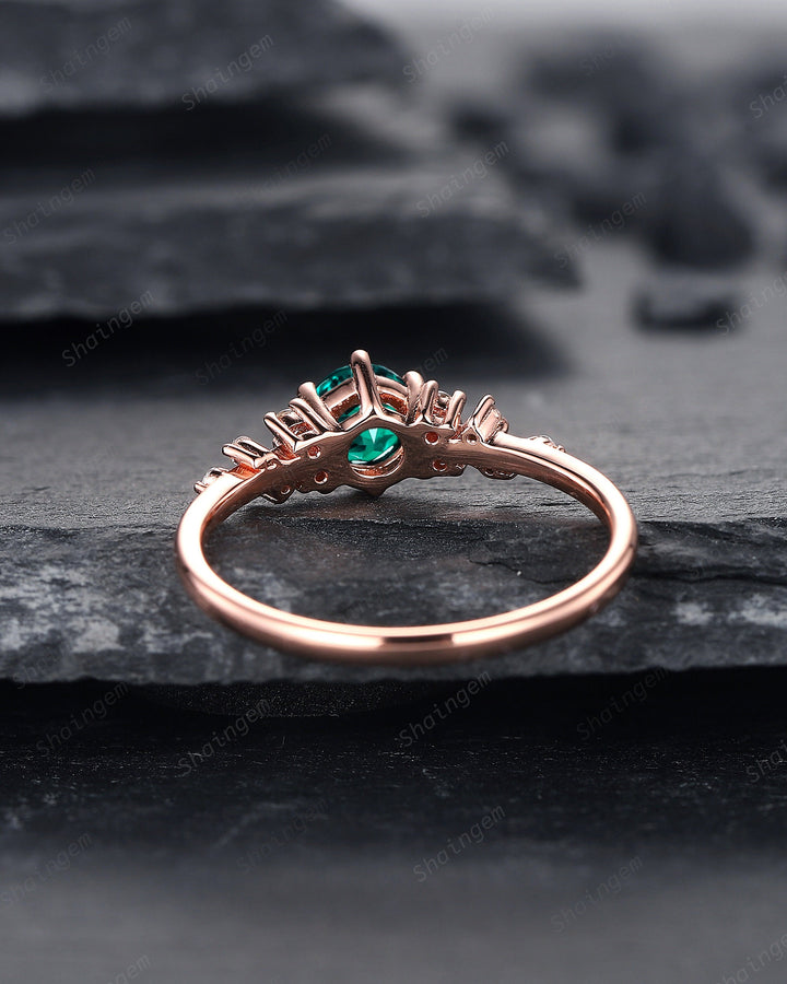 Round Shape Emerald Cluster Engagement Ring, Dainty Snowdrift Promise Ring, Unique Rose Gold May Birthstone Wedding Ring Anniversary Gift - ShainJewelry