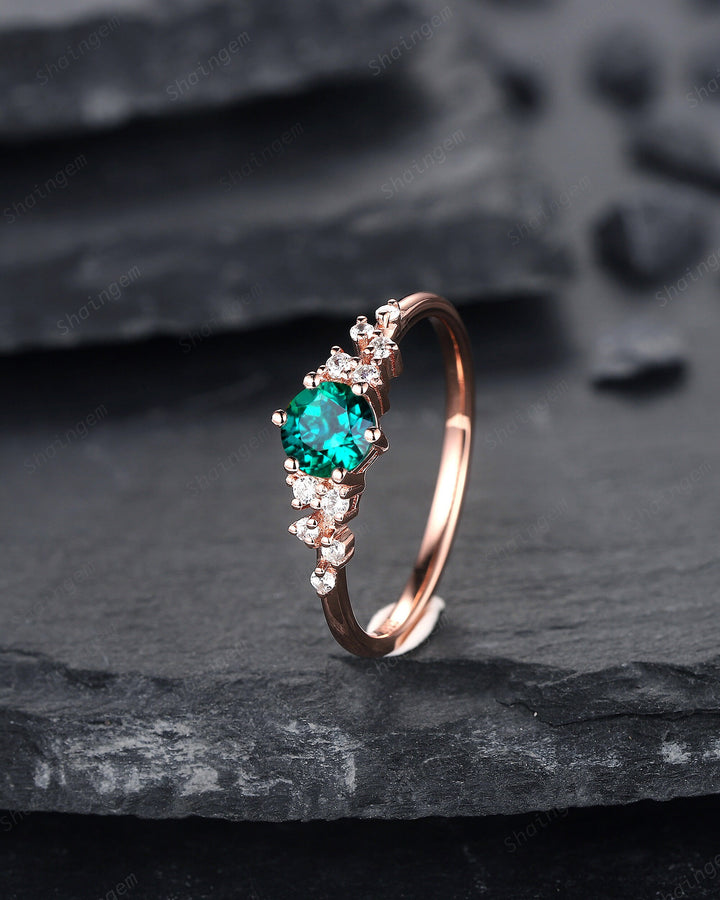 Round Shape Emerald Cluster Engagement Ring, Dainty Snowdrift Promise Ring, Unique Rose Gold May Birthstone Wedding Ring Anniversary Gift - ShainJewelry