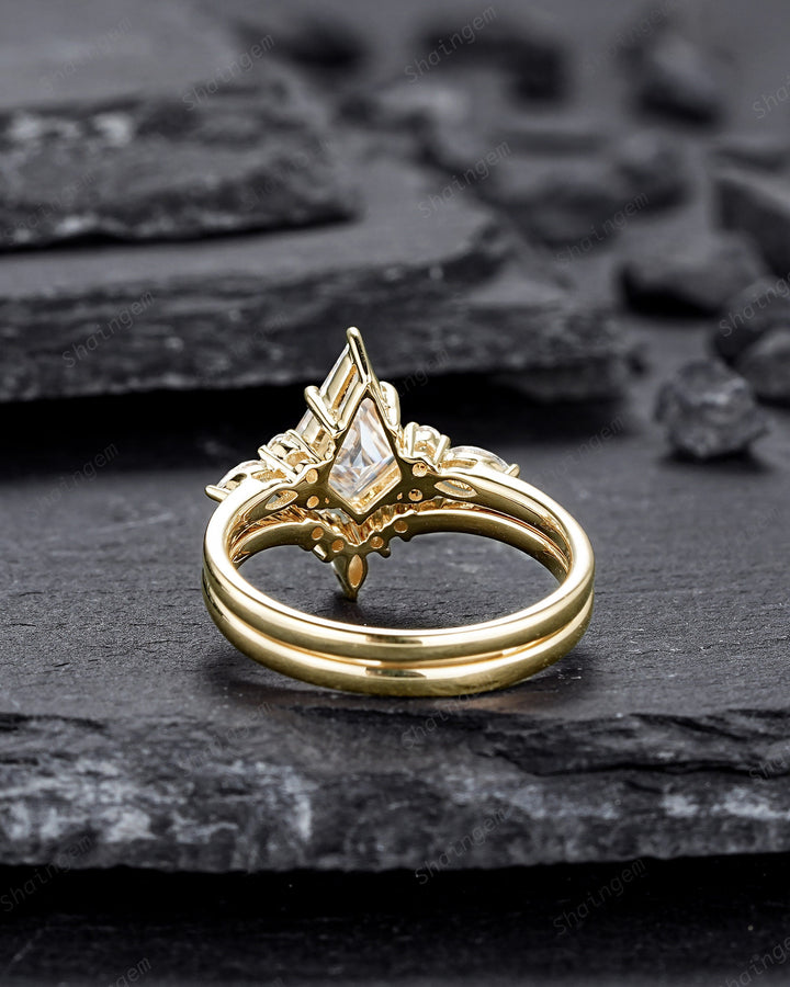 Kite Shape Moissanite and Diamond Engagement Ring Set, Unique 14K Yellow Gold Moissanite Promise Wedding Ring Set Bridal Set Gift for Women - ShainJewelry