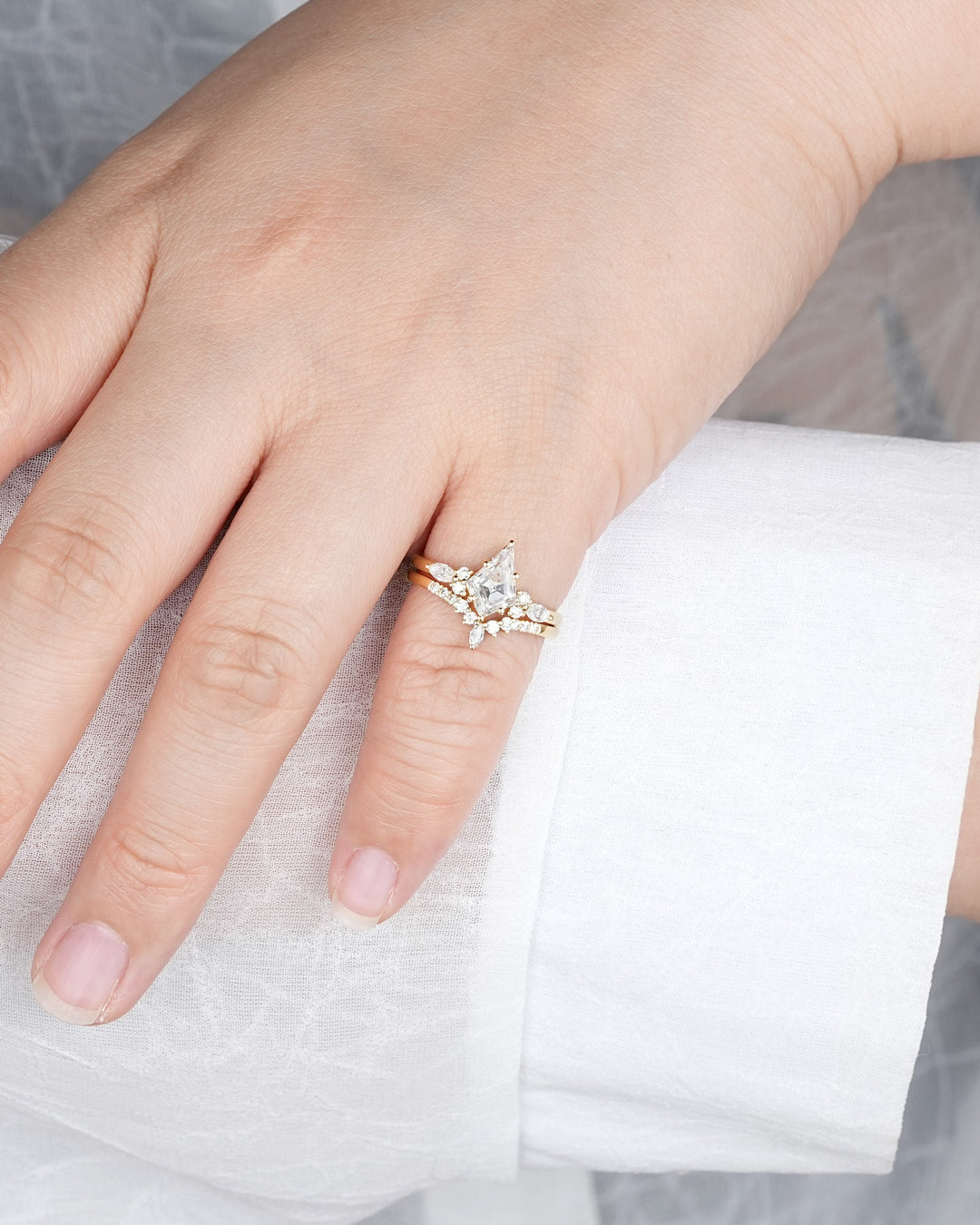 Kite Shape Moissanite and Diamond Engagement Ring Set, Unique 14K Yellow Gold Moissanite Promise Wedding Ring Set Bridal Set Gift for Women - ShainJewelry