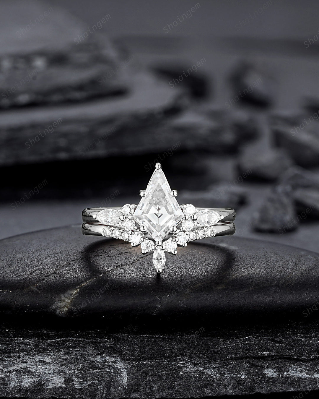 Kite Shape Moissanite and Diamond Engagement Ring Set, Unique 14K Yellow Gold Moissanite Promise Wedding Ring Set Bridal Set Gift for Women - ShainJewelry