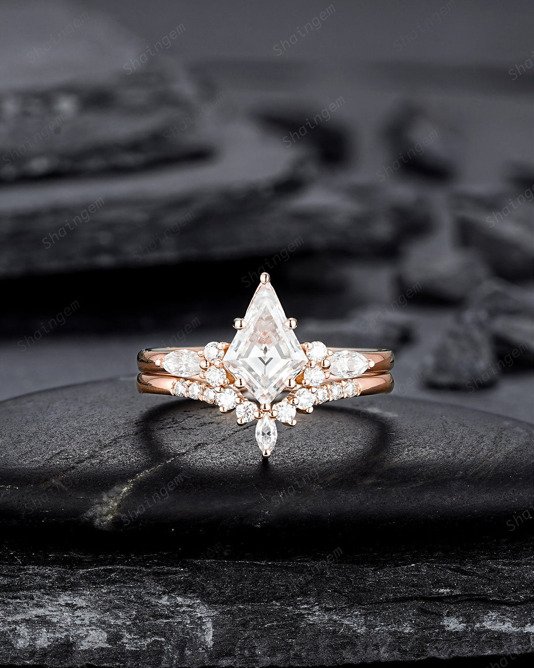 Kite Shape Moissanite and Diamond Engagement Ring Set, Unique 14K Yellow Gold Moissanite Promise Wedding Ring Set Bridal Set Gift for Women - ShainJewelry