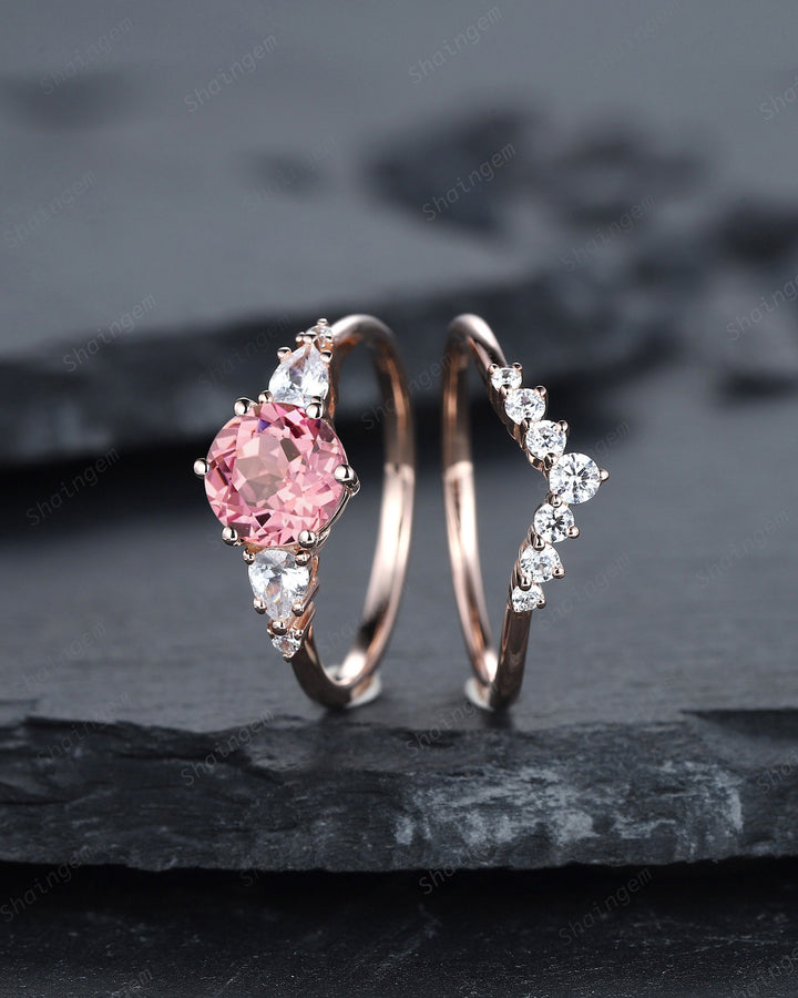 Round Shape Girly Pink Sapphire Engagement Ring Set, 14K Rose Gold Peach Sapphire Bridal Set, Padparadscha Pink Stone Promise Ring for her - ShainJewelry