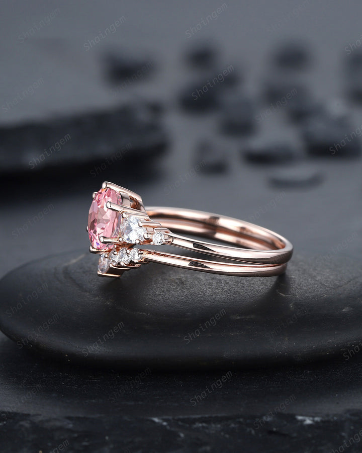 Round Shape Girly Pink Sapphire Engagement Ring Set, 14K Rose Gold Peach Sapphire Bridal Set, Padparadscha Pink Stone Promise Ring for her - ShainJewelry