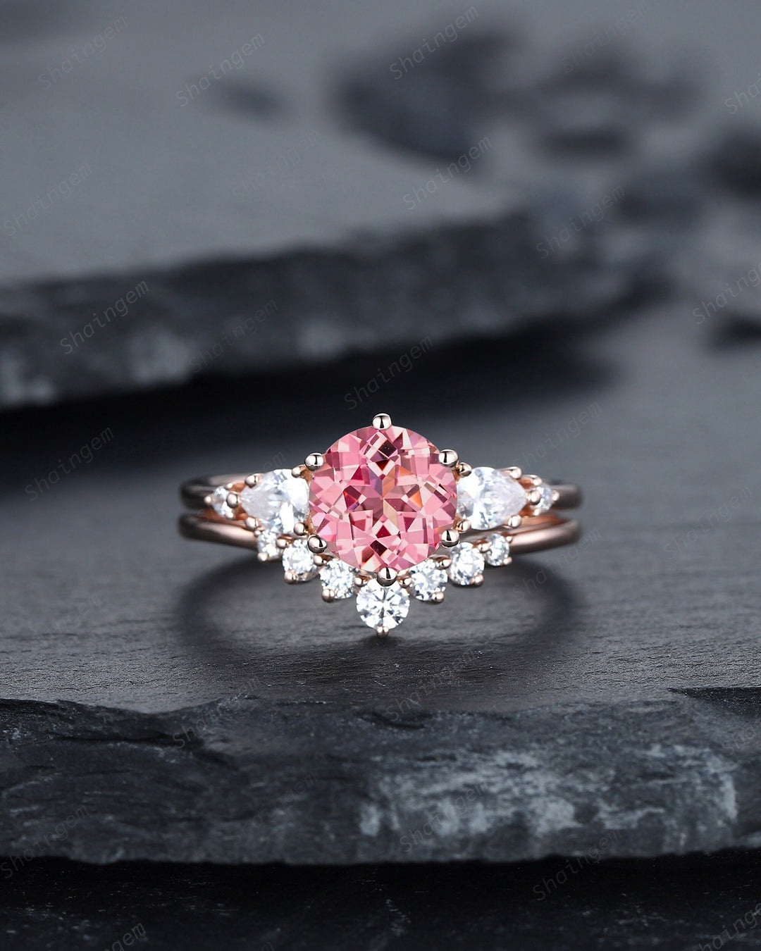 Round Shape Girly Pink Sapphire Engagement Ring Set, 14K Rose Gold Peach Sapphire Bridal Set, Padparadscha Pink Stone Promise Ring for her - ShainJewelry