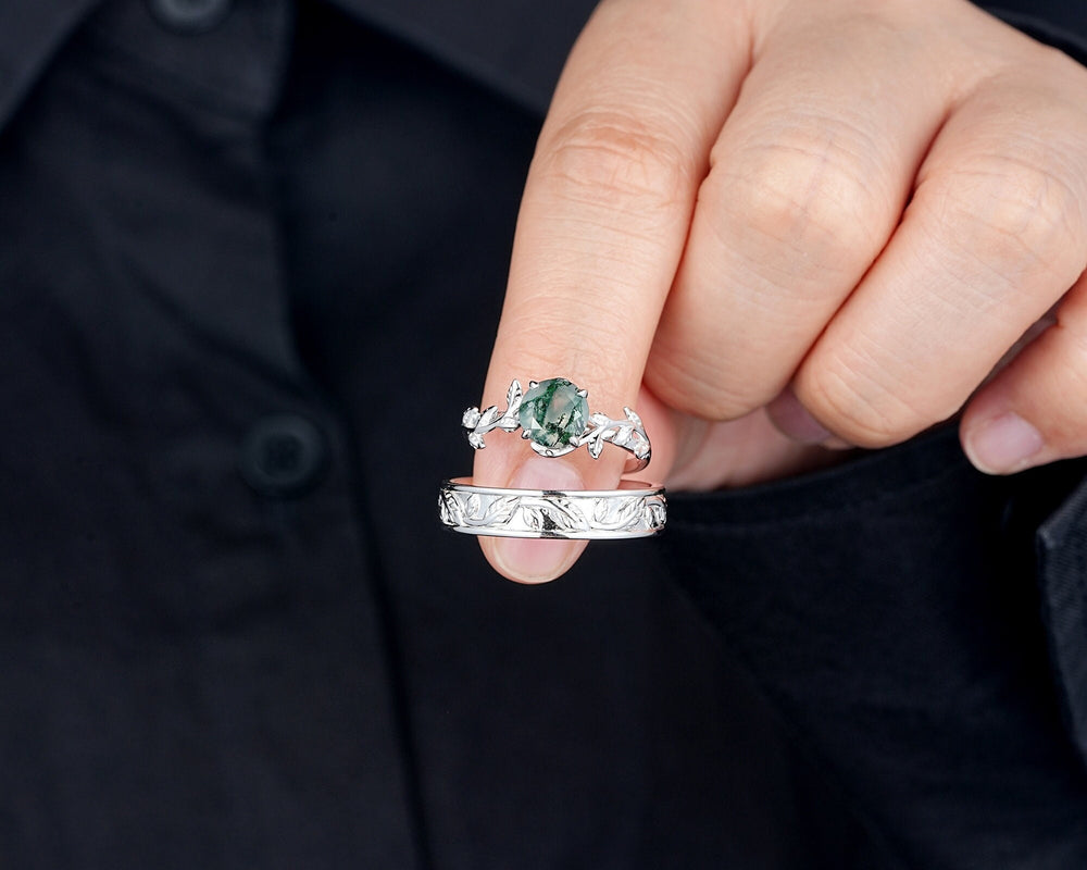 His and Hers Moss Agate Engagement Wedding Band, 14K White Gold Leaf Couple Wedding Ring, Silver Promise Ring Set , Plain Men's Band