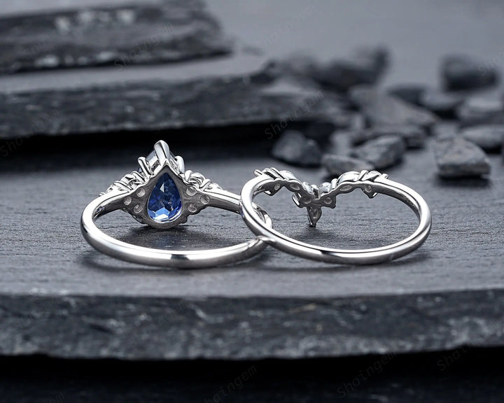Vintage Pear Cut Cornflower Blue Sapphire Ring Set, Unique Vivid Blue Sapphire Wedding Set, White Gold Sapphire Bridal Set, Engagement Ring - ShainJewelry