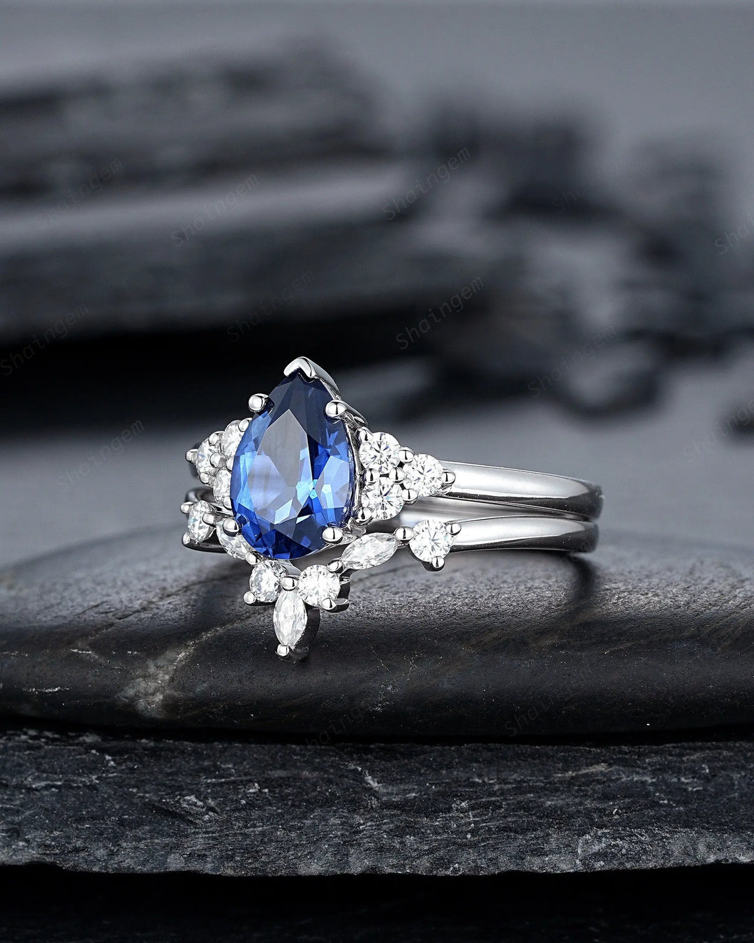 Vintage Pear Cut Cornflower Blue Sapphire Ring Set, Unique Vivid Blue Sapphire Wedding Set, White Gold Sapphire Bridal Set, Engagement Ring - ShainJewelry