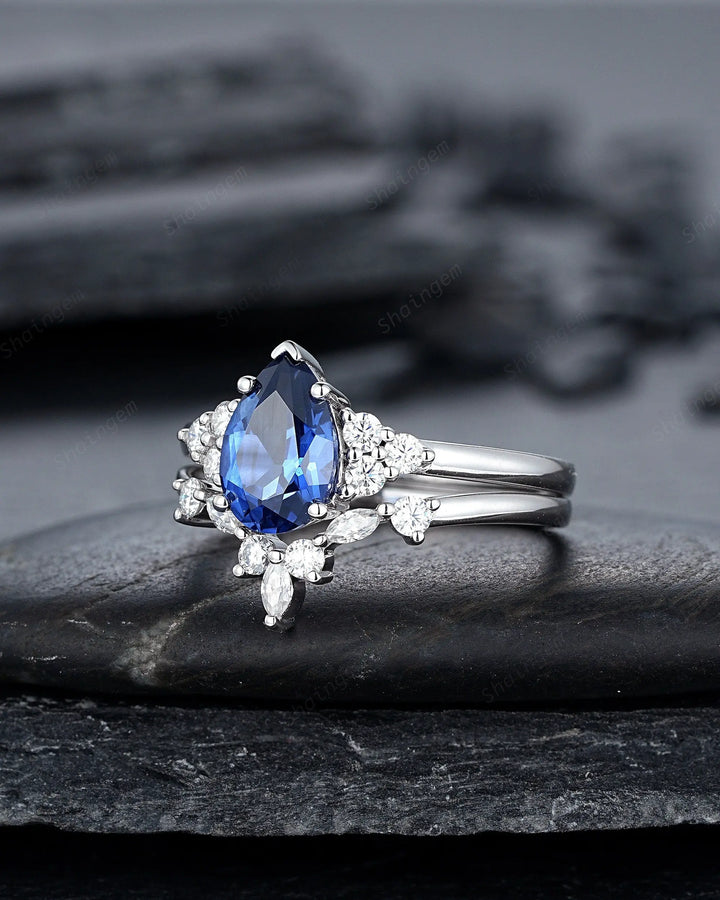 Vintage Pear Cut Cornflower Blue Sapphire Ring Set, Unique Vivid Blue Sapphire Wedding Set, White Gold Sapphire Bridal Set, Engagement Ring - ShainJewelry