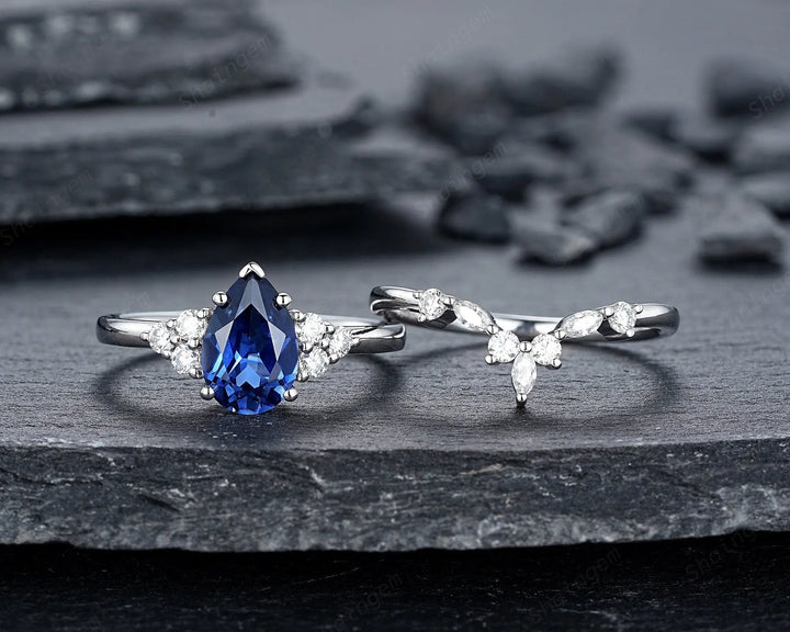 Vintage Pear Cut Cornflower Blue Sapphire Ring Set, Unique Vivid Blue Sapphire Wedding Set, White Gold Sapphire Bridal Set, Engagement Ring - ShainJewelry