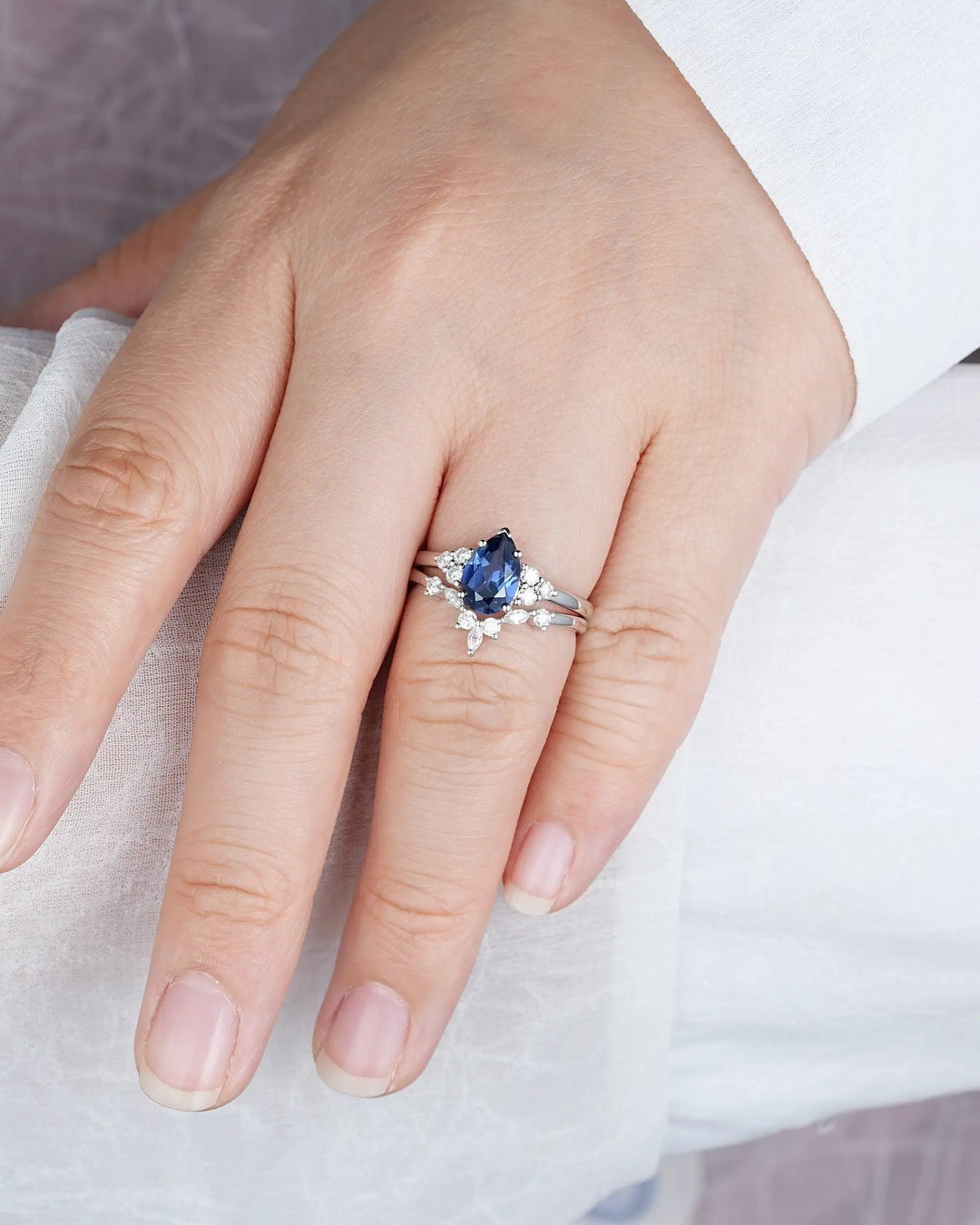 Vintage Pear Cut Cornflower Blue Sapphire Ring Set, Unique Vivid Blue Sapphire Wedding Set, White Gold Sapphire Bridal Set, Engagement Ring - ShainJewelry