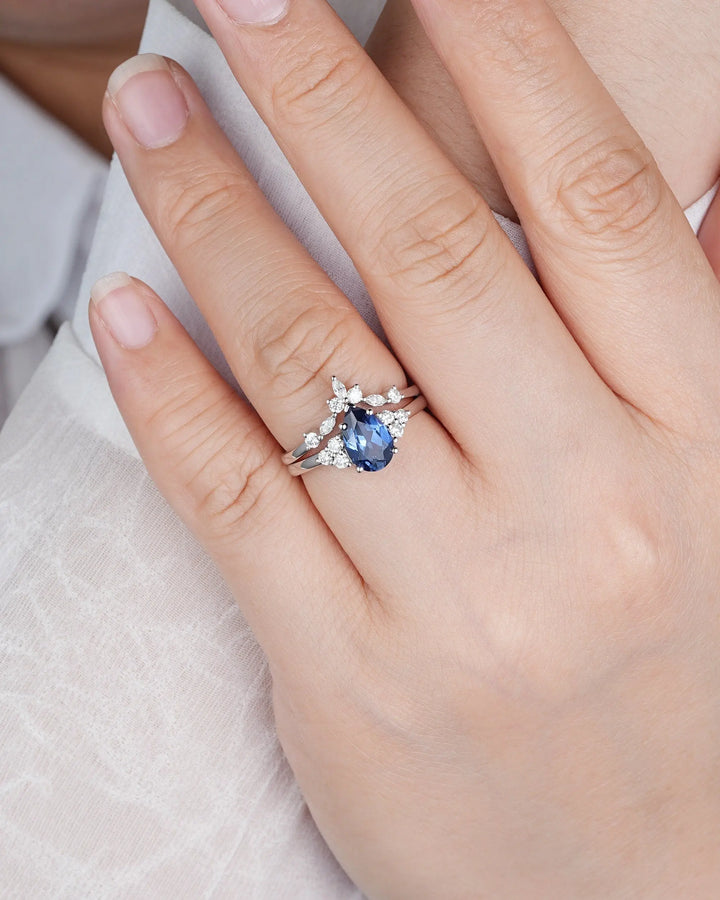 Vintage Pear Cut Cornflower Blue Sapphire Ring Set, Unique Vivid Blue Sapphire Wedding Set, White Gold Sapphire Bridal Set, Engagement Ring - ShainJewelry