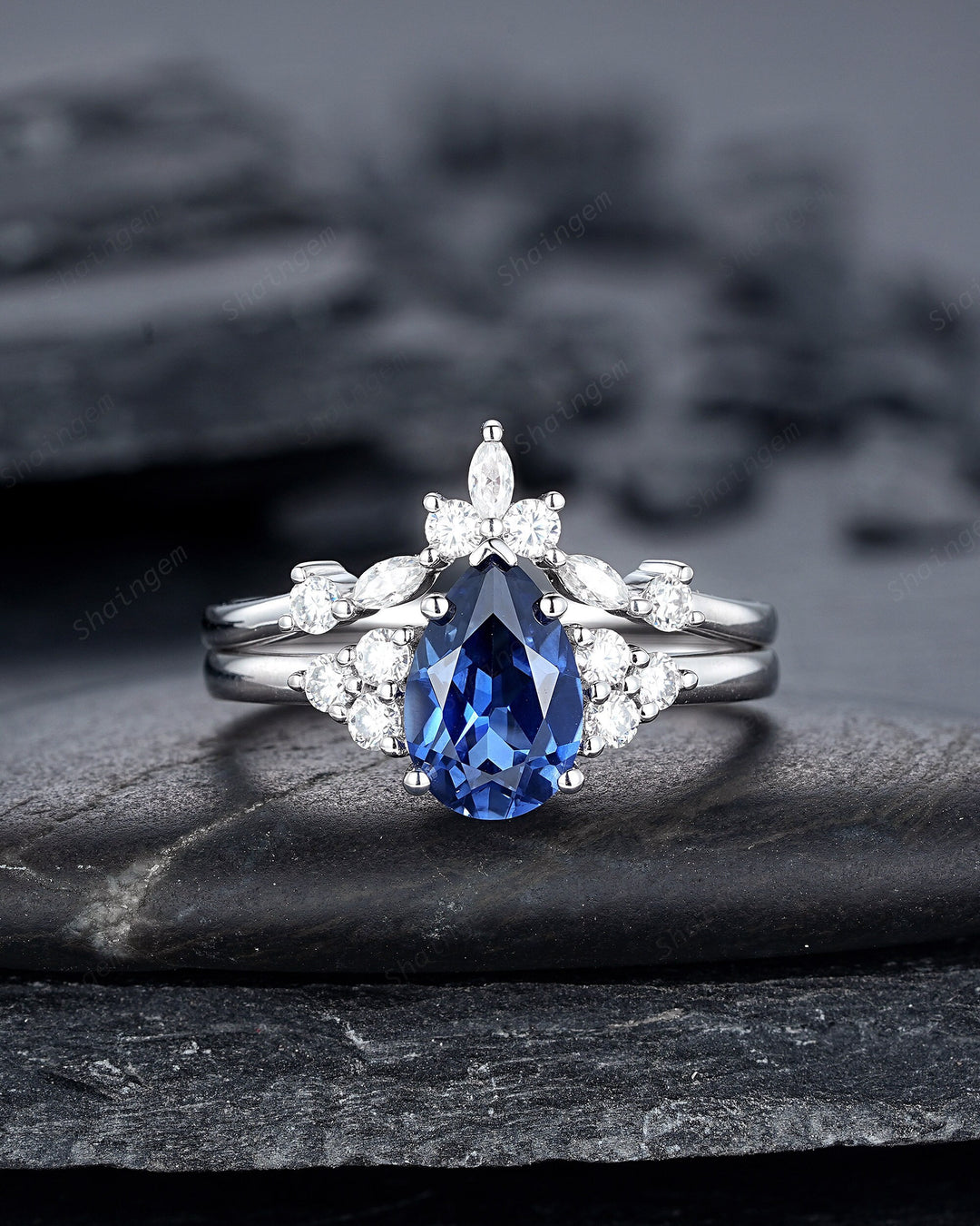Vintage Pear Cut Cornflower Blue Sapphire Ring Set, Unique Vivid Blue Sapphire Wedding Set, White Gold Sapphire Bridal Set, Engagement Ring - ShainJewelry