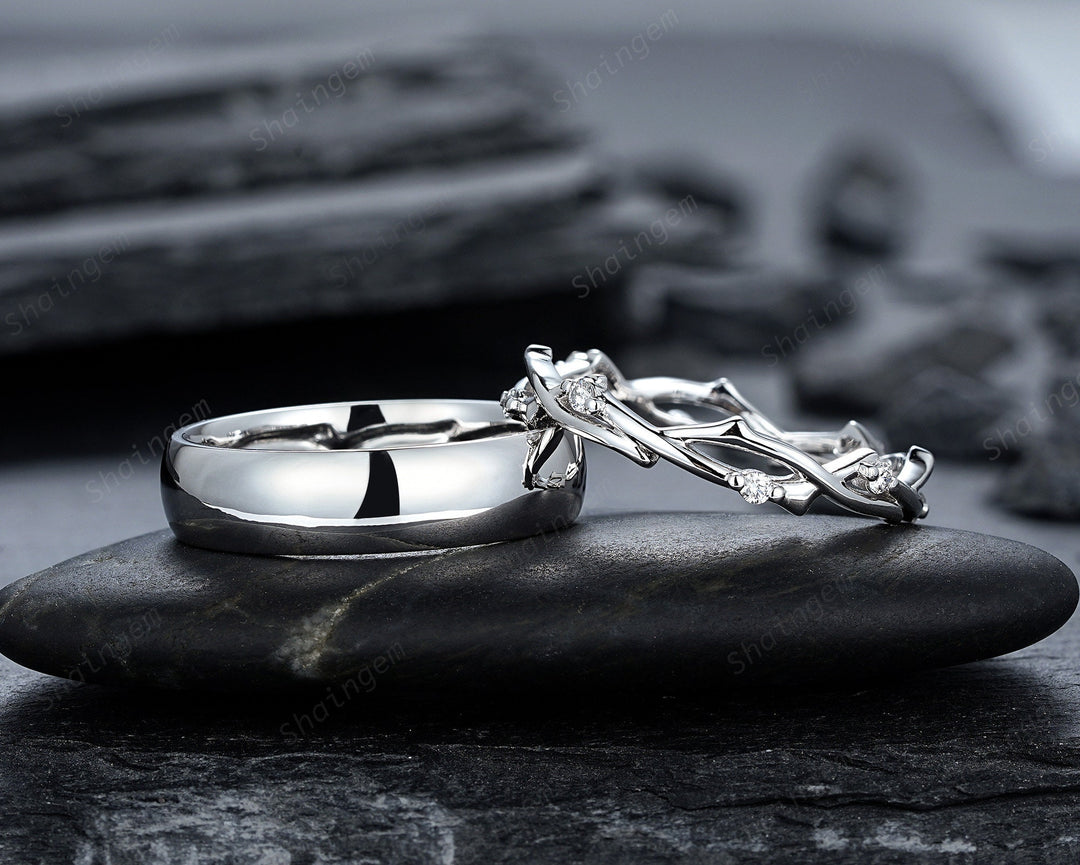 His and Hers Platinum Wedding Band, 14K 18K White Gold Matching Band, Silver Couple Promise Ring Set , Plain Men's Band, Twig Diamond Band - ShainJewelry