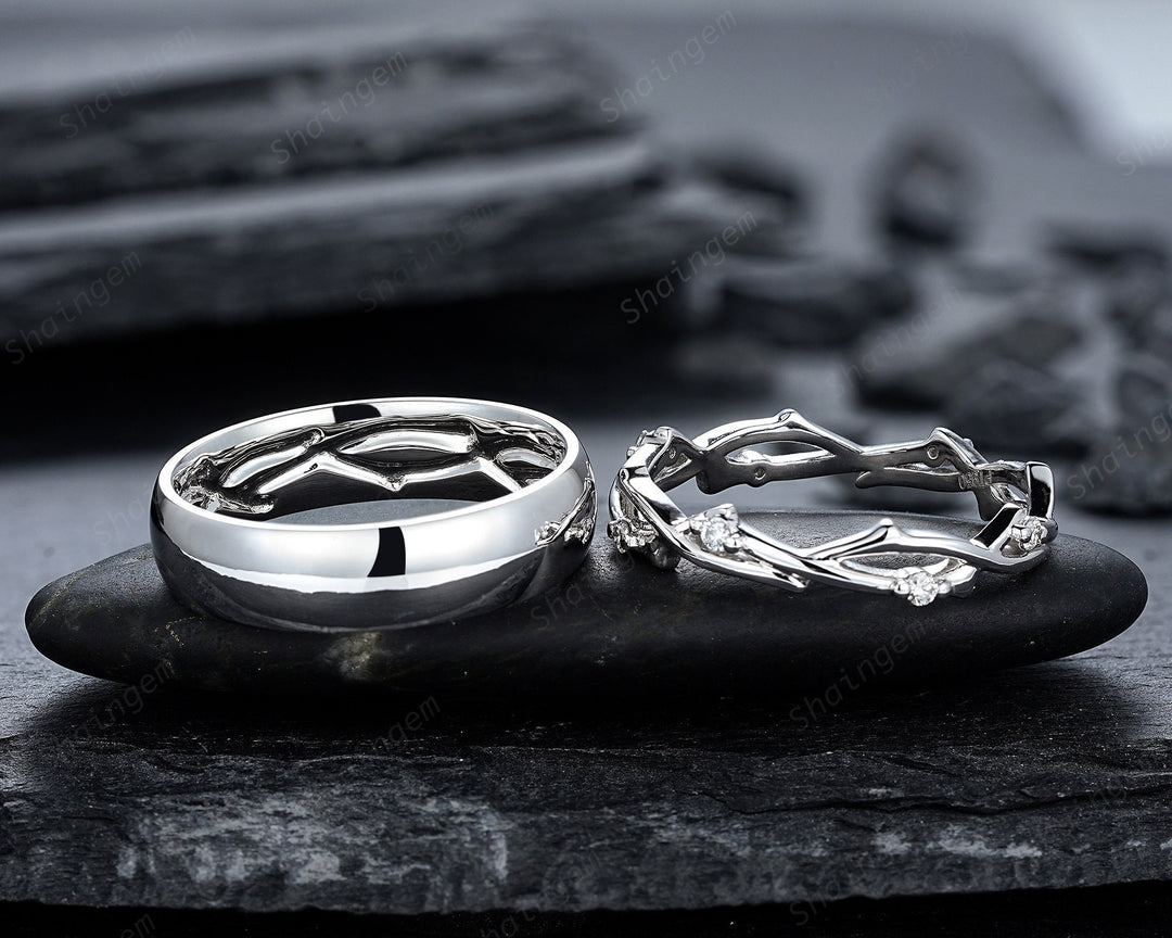 His and Hers Platinum Wedding Band, 14K 18K White Gold Matching Band, Silver Couple Promise Ring Set , Plain Men's Band, Twig Diamond Band - ShainJewelry