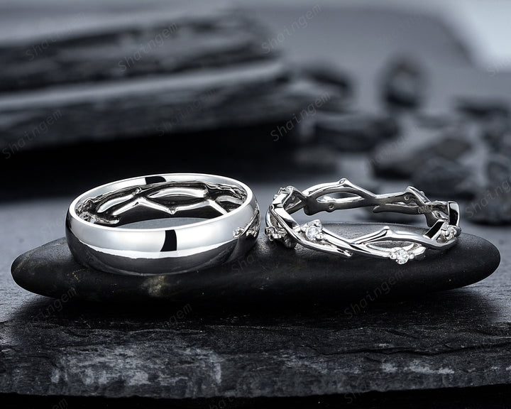 His and Hers Platinum Wedding Band, 14K 18K White Gold Matching Band, Silver Couple Promise Ring Set , Plain Men's Band, Twig Diamond Band - ShainJewelry