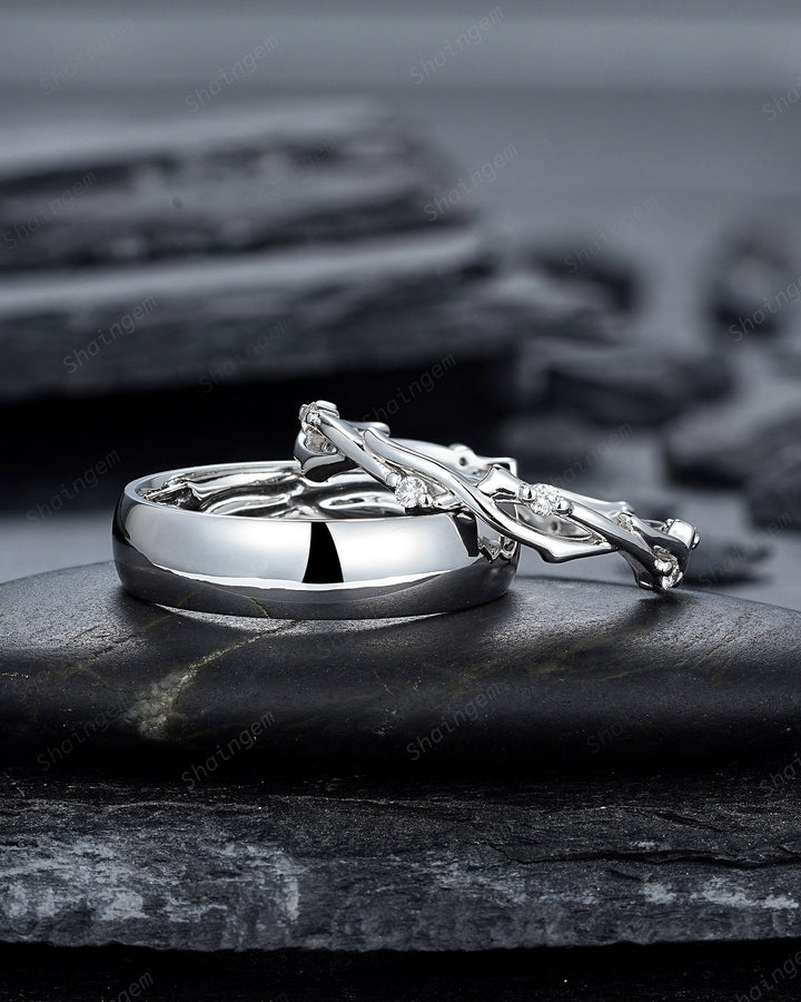 His and Hers Platinum Wedding Band, 14K 18K White Gold Matching Band, Silver Couple Promise Ring Set , Plain Men's Band, Twig Diamond Band - ShainJewelry