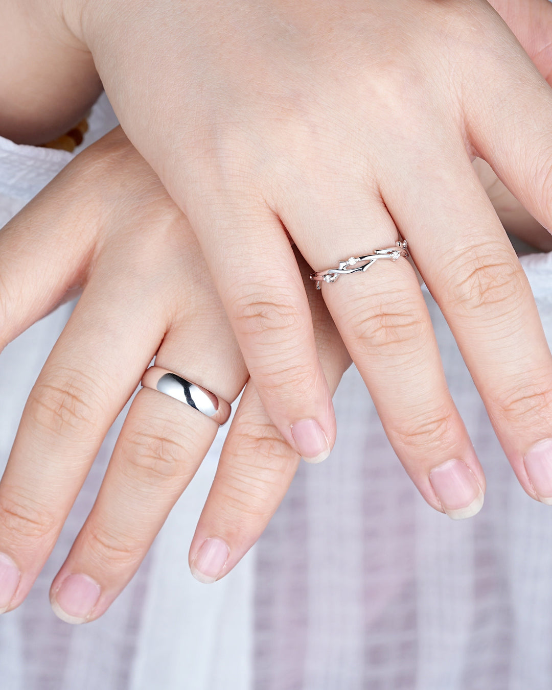 His and Hers Platinum Wedding Band, 14K 18K White Gold Matching Band, Silver Couple Promise Ring Set , Plain Men's Band, Twig Diamond Band - ShainJewelry