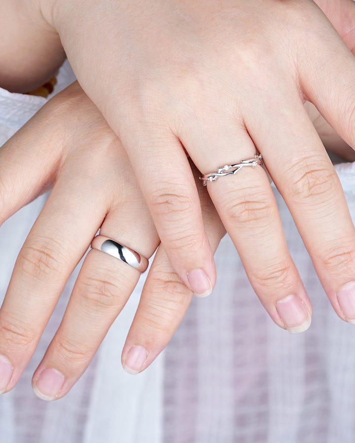 His and Hers Platinum Wedding Band, 14K 18K White Gold Matching Band, Silver Couple Promise Ring Set , Plain Men's Band, Twig Diamond Band - ShainJewelry