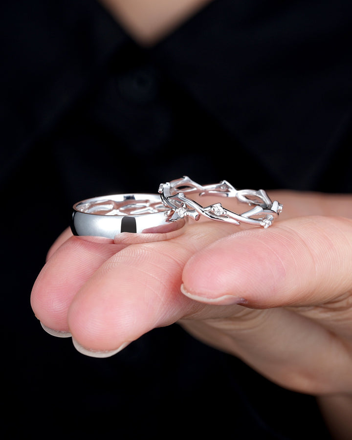 His and Hers Platinum Wedding Band, 14K 18K White Gold Matching Band, Silver Couple Promise Ring Set , Plain Men's Band, Twig Diamond Band - ShainJewelry