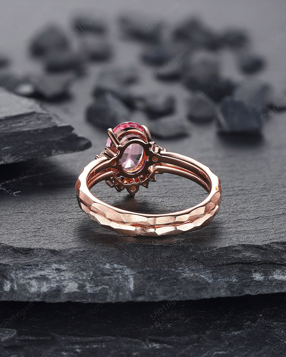 Unique Hammered Pink Sapphire Diamond Engagement Ring Set, Hand Forged 14K 18K Rose Gold Oval Shape Sapphire Bridal Set Promise Ring Gift - ShainJewelry