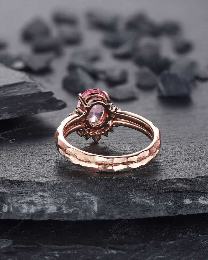Unique Hammered Pink Sapphire Diamond Engagement Ring Set, Hand Forged 14K 18K Rose Gold Oval Shape Sapphire Bridal Set Promise Ring Gift - ShainJewelry