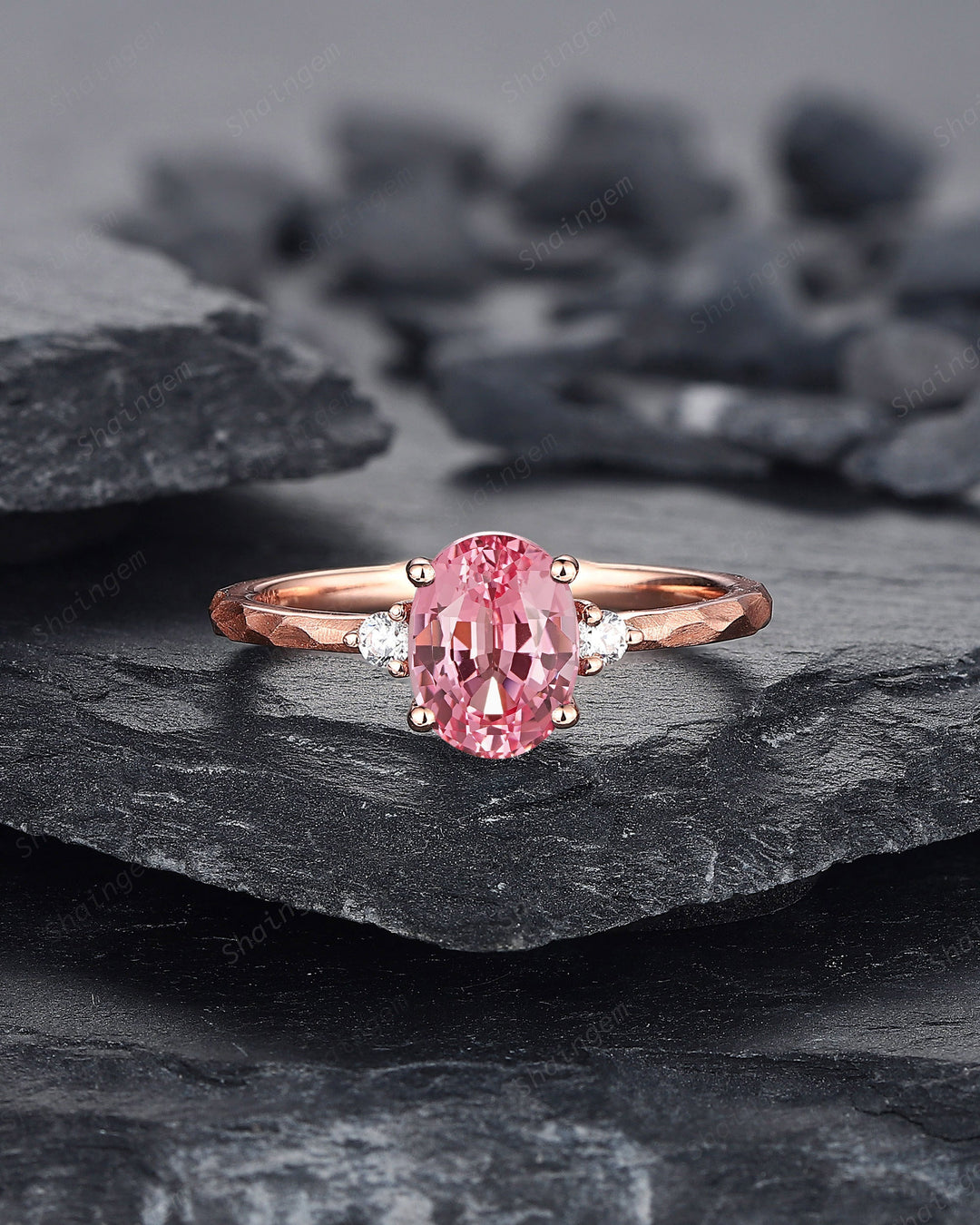 Unique Hammered Pink Sapphire Diamond Engagement Ring Set, Hand Forged 14K 18K Rose Gold Oval Shape Sapphire Bridal Set Promise Ring Gift - ShainJewelry
