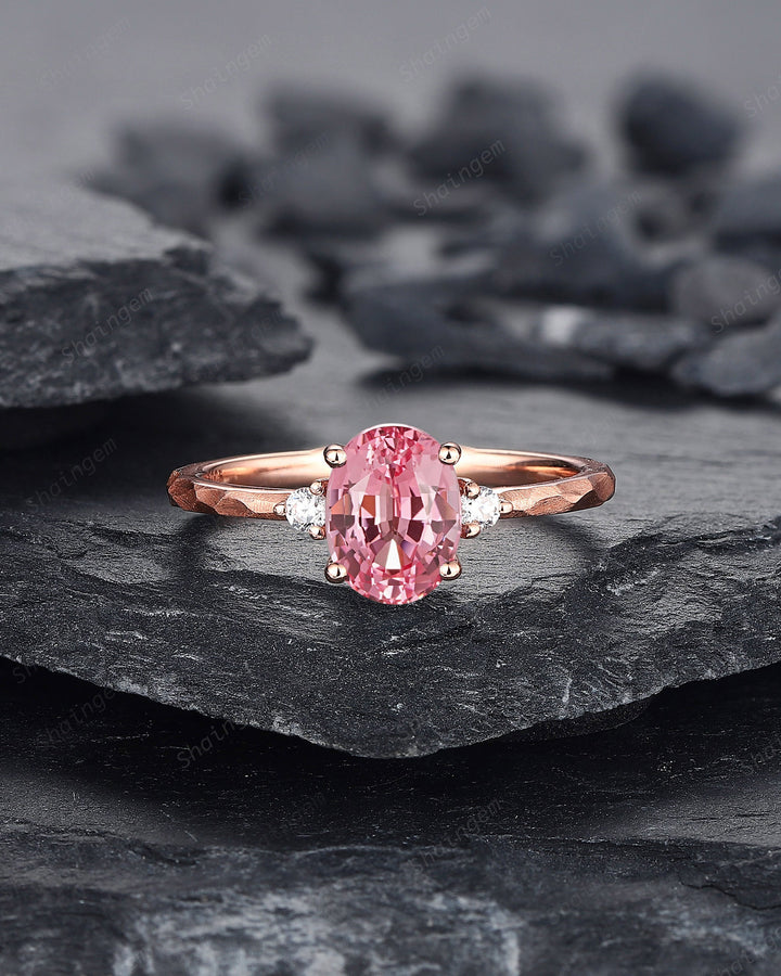Unique Hammered Pink Sapphire Diamond Engagement Ring Set, Hand Forged 14K 18K Rose Gold Oval Shape Sapphire Bridal Set Promise Ring Gift - ShainJewelry