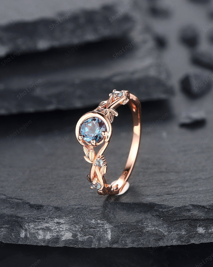 Alexandrite Engagement Ring, Unique Crescent 14k Rose Gold Promise Ring, Vintage Moon and Star Ring, Twig Branch Wedding Ring Gift for Women - ShainJewelry