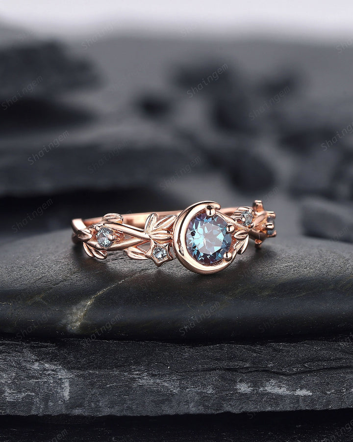Alexandrite Engagement Ring, Unique Crescent 14k Rose Gold Promise Ring, Vintage Moon and Star Ring, Twig Branch Wedding Ring Gift for Women - ShainJewelry