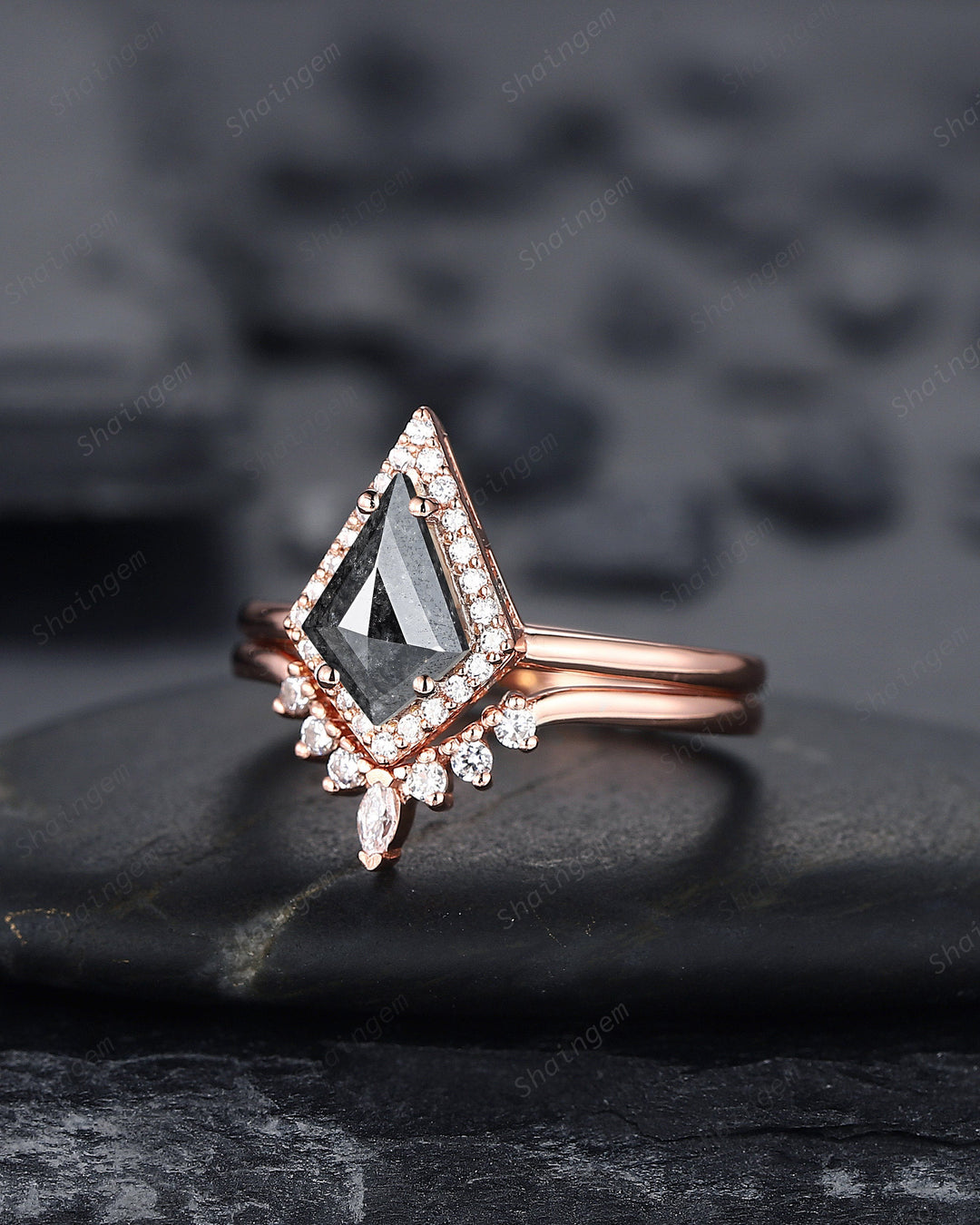 Salt and Pepper Diamond Engagement Ring Set, 14K Rose Gold Kite Cut Natural Black Diamond Halo Promise Ring, Gray Diamond Wedding Ring Gift - ShainJewelry