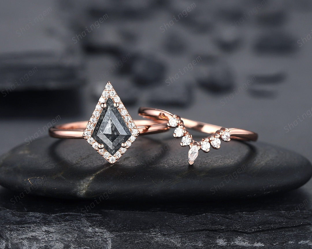 Salt and Pepper Diamond Engagement Ring Set, 14K Rose Gold Kite Cut Natural Black Diamond Halo Promise Ring, Gray Diamond Wedding Ring Gift - ShainJewelry