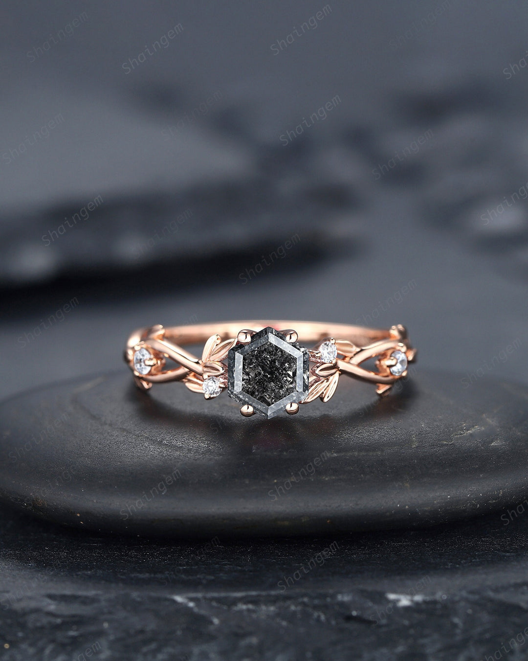 Hexagon Salt and Pepper Diamond Engagement Ring, Unique 14K 18K Rose Gold Natural Diamond Promise Ring, Twig Gray Diamond Wedding Ring Gift - ShainJewelry