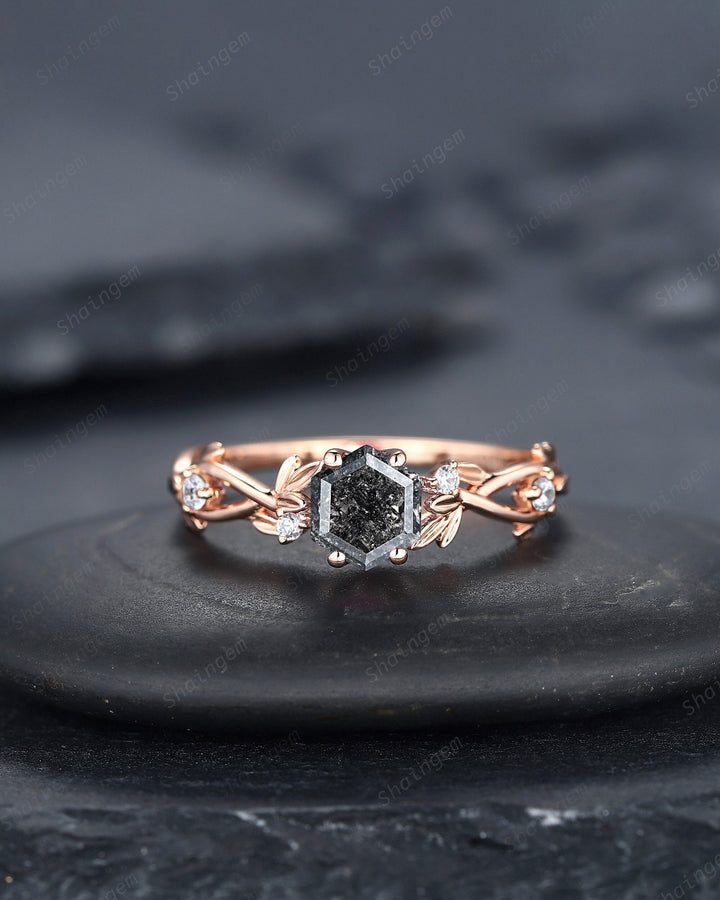 Hexagon Salt and Pepper Diamond Engagement Ring, Unique 14K 18K Rose Gold Natural Diamond Promise Ring, Twig Gray Diamond Wedding Ring Gift - ShainJewelry