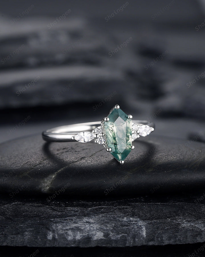 Platinum Shield Cut Moss Agate Engagement Ring, White Gold Hexagon Cut Moss Agate Promise Ring, Silver Wedding Ring Anniversary Gift for her - ShainJewelry