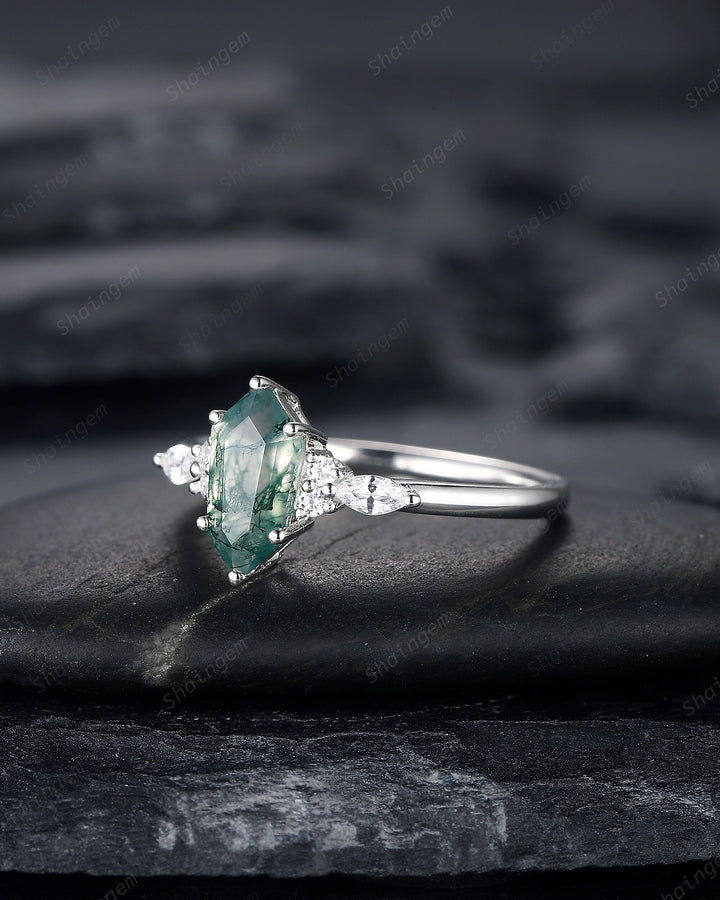 Platinum Shield Cut Moss Agate Engagement Ring, White Gold Hexagon Cut Moss Agate Promise Ring, Silver Wedding Ring Anniversary Gift for her - ShainJewelry