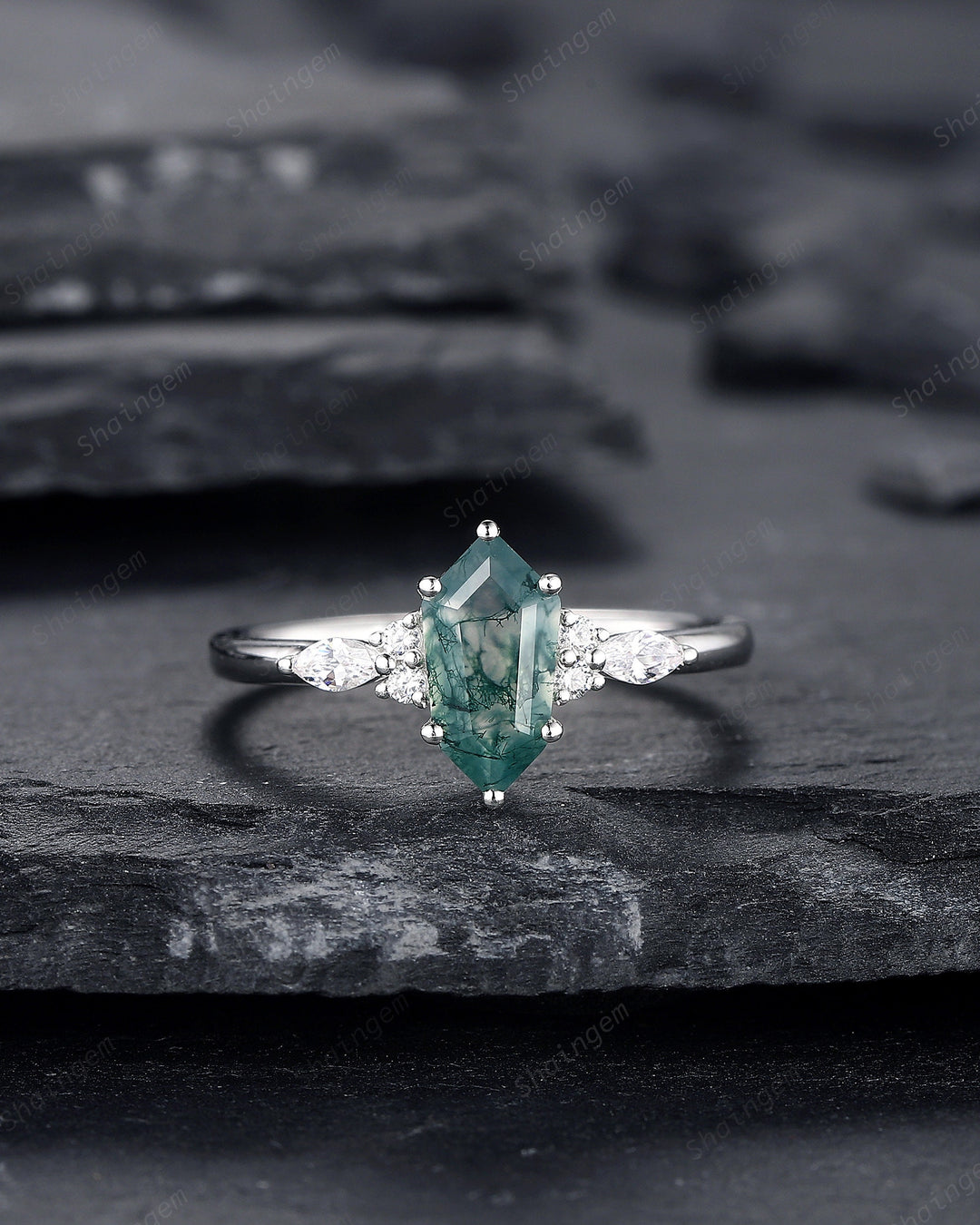 Platinum Shield Cut Moss Agate Engagement Ring, White Gold Hexagon Cut Moss Agate Promise Ring, Silver Wedding Ring Anniversary Gift for her - ShainJewelry