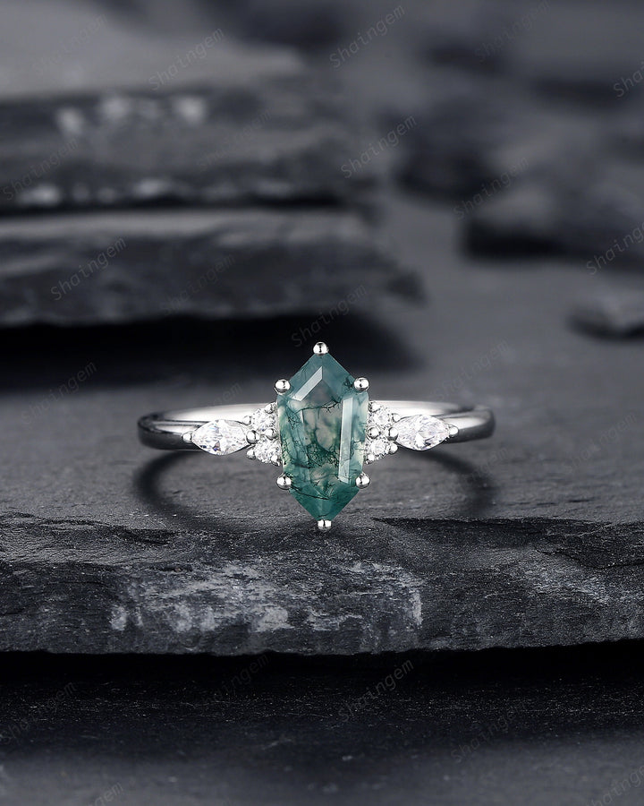 Platinum Shield Cut Moss Agate Engagement Ring, White Gold Hexagon Cut Moss Agate Promise Ring, Silver Wedding Ring Anniversary Gift for her - ShainJewelry